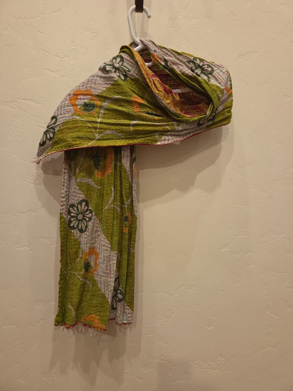Handcrafted Green And Red Floral Kantha Scarf Shawl